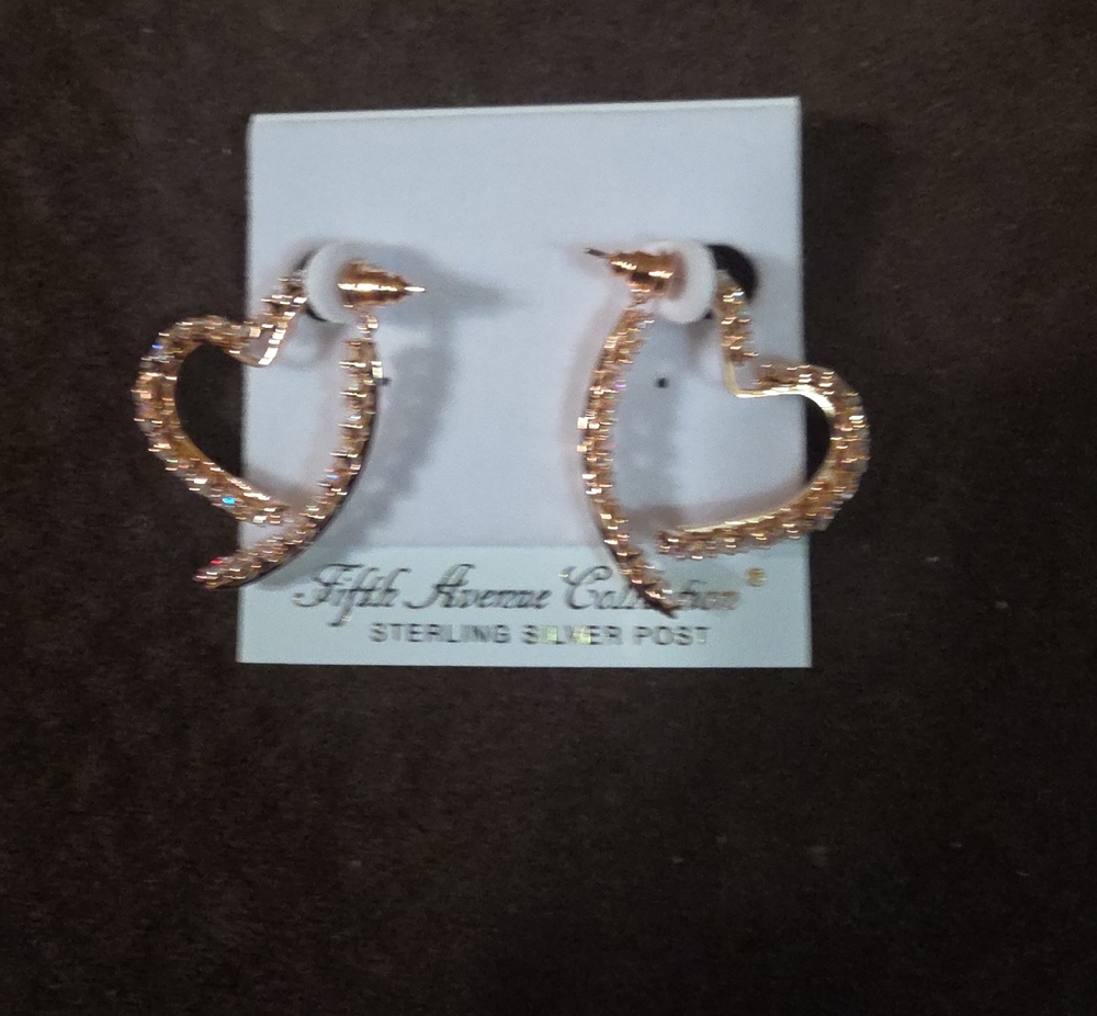 Rhinestone Heart Hoop Earrings - Gold Tone